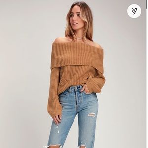 Light Brown Off-the-Shoulder Knit Sweater